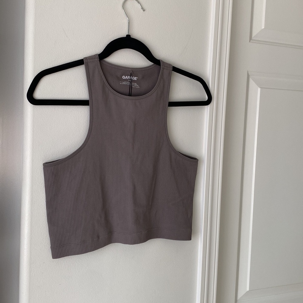 Garage - Taupe Basic Ribbed Racer Back Cropped Tank Top
